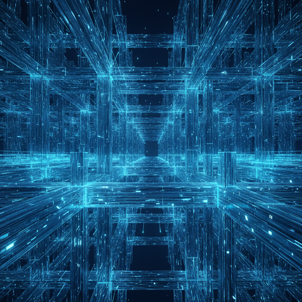 An infinite archive of glowing glass filaments stretching into the horizon, dark blue background, cinematic, sci-fi storage concept.