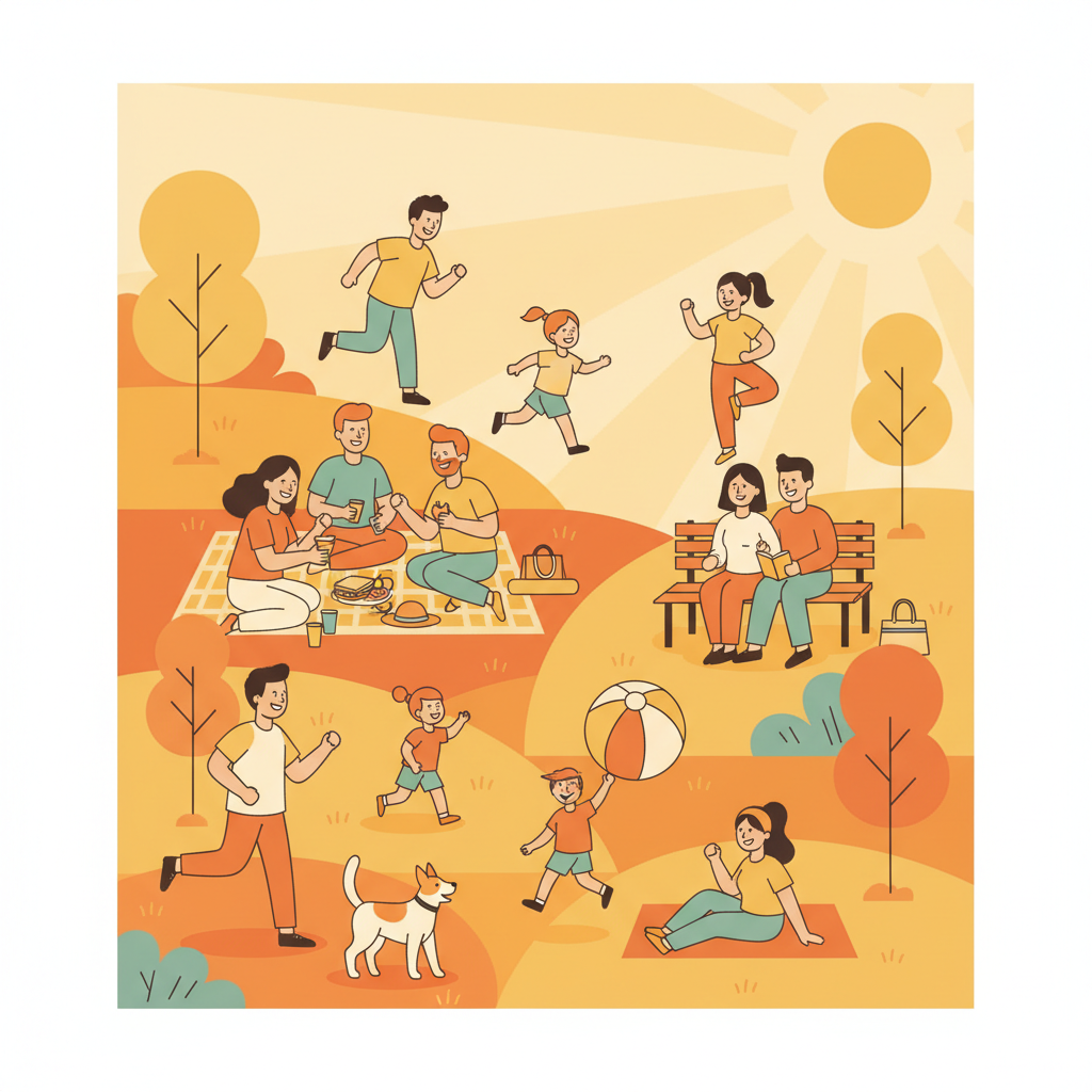 Bright, happy illustration of a diverse group of people enjoying a sunny day in a park, flat design style, vector art, warm yellow and orange tones