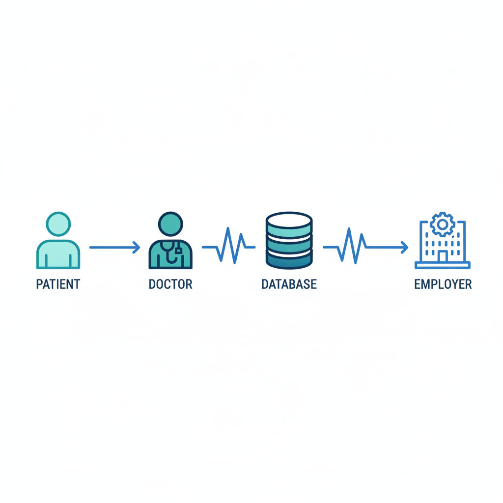 infographic flow chart illustration: Patient to Doctor, Doctor electronic signal to Database, Employer retrieving signal from Database. Minimalist linear style, white background, teal and blue colors.