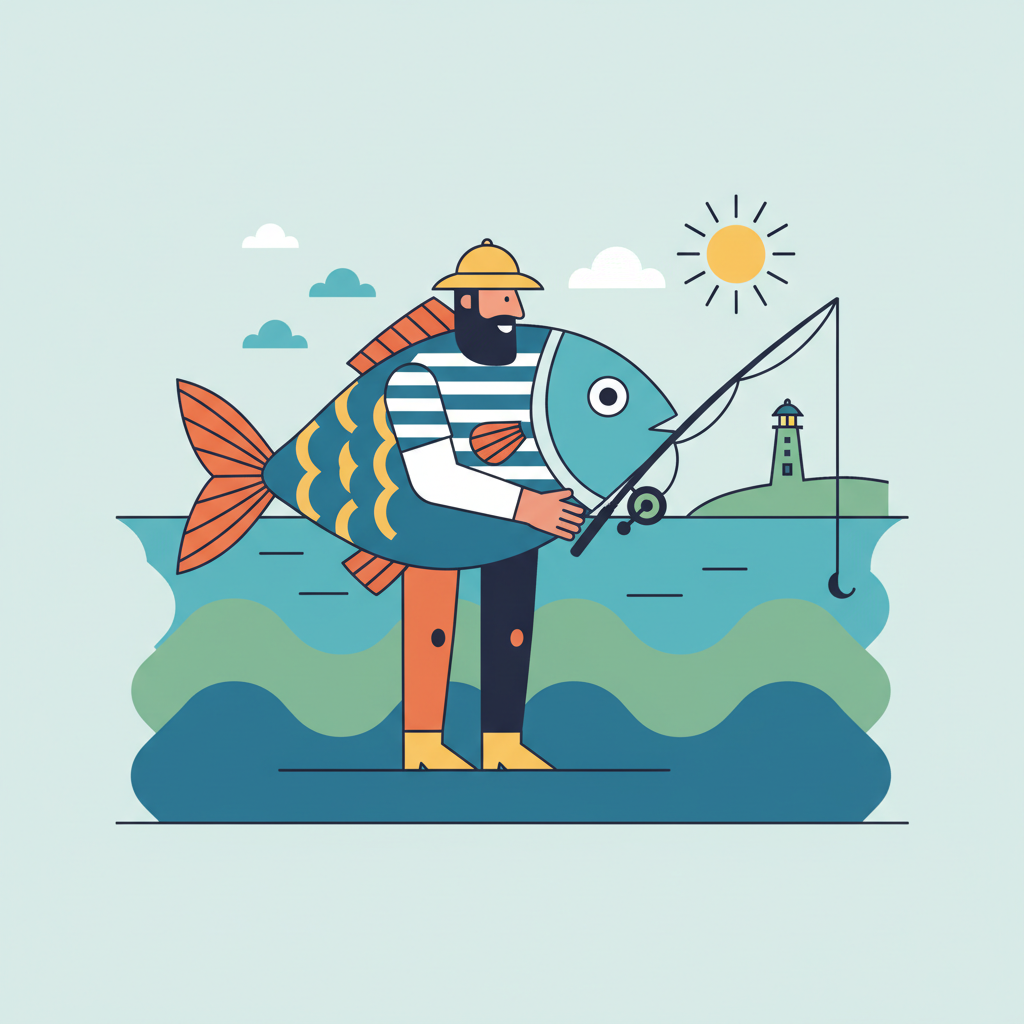 Illustration showing a fish transforming into a fisherman character, symbolizing word derivation, flat style