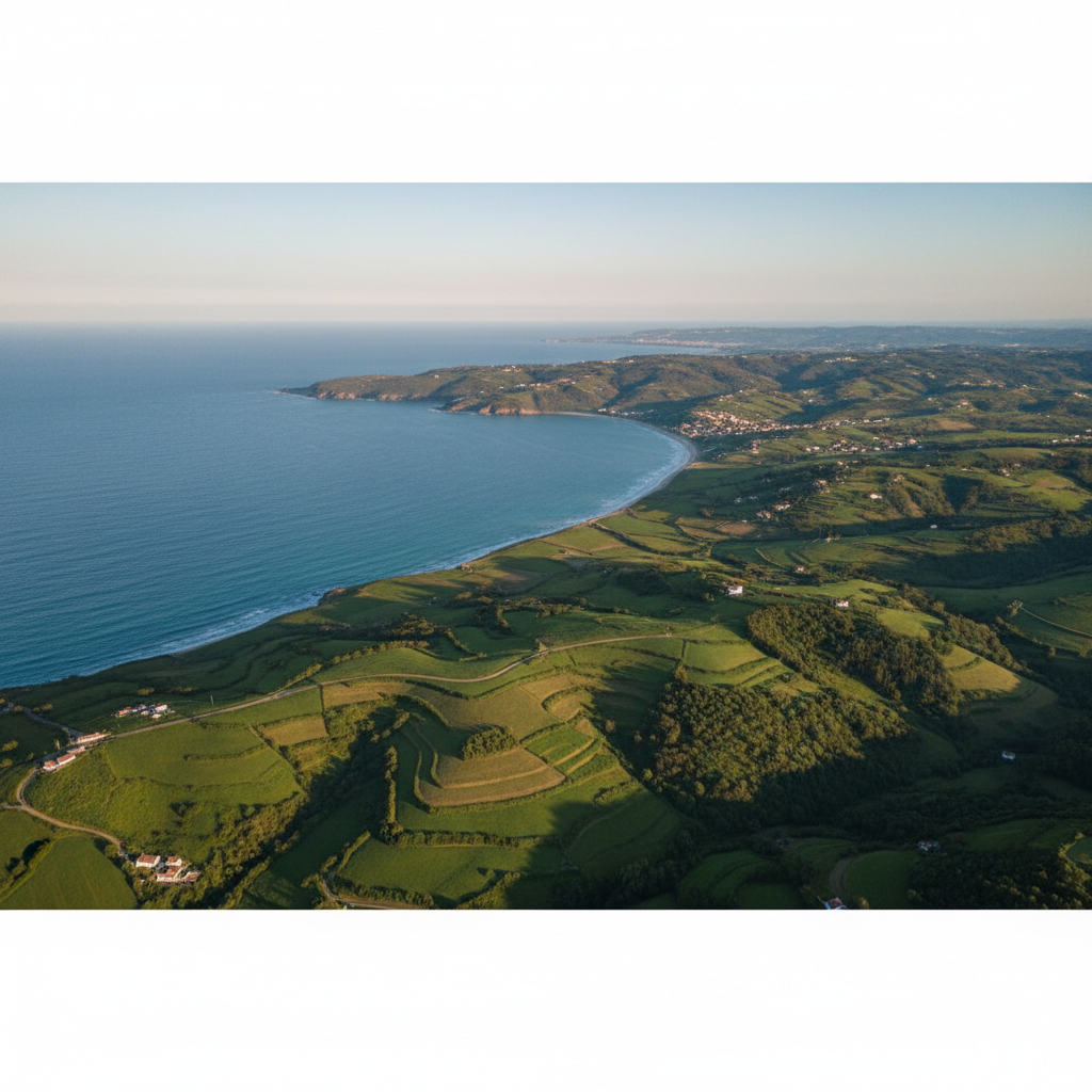 Minimalist aerial view of the Portuguese coastline meeting green landscapes, symbolizing climate action and territory, soft lighting, professional style