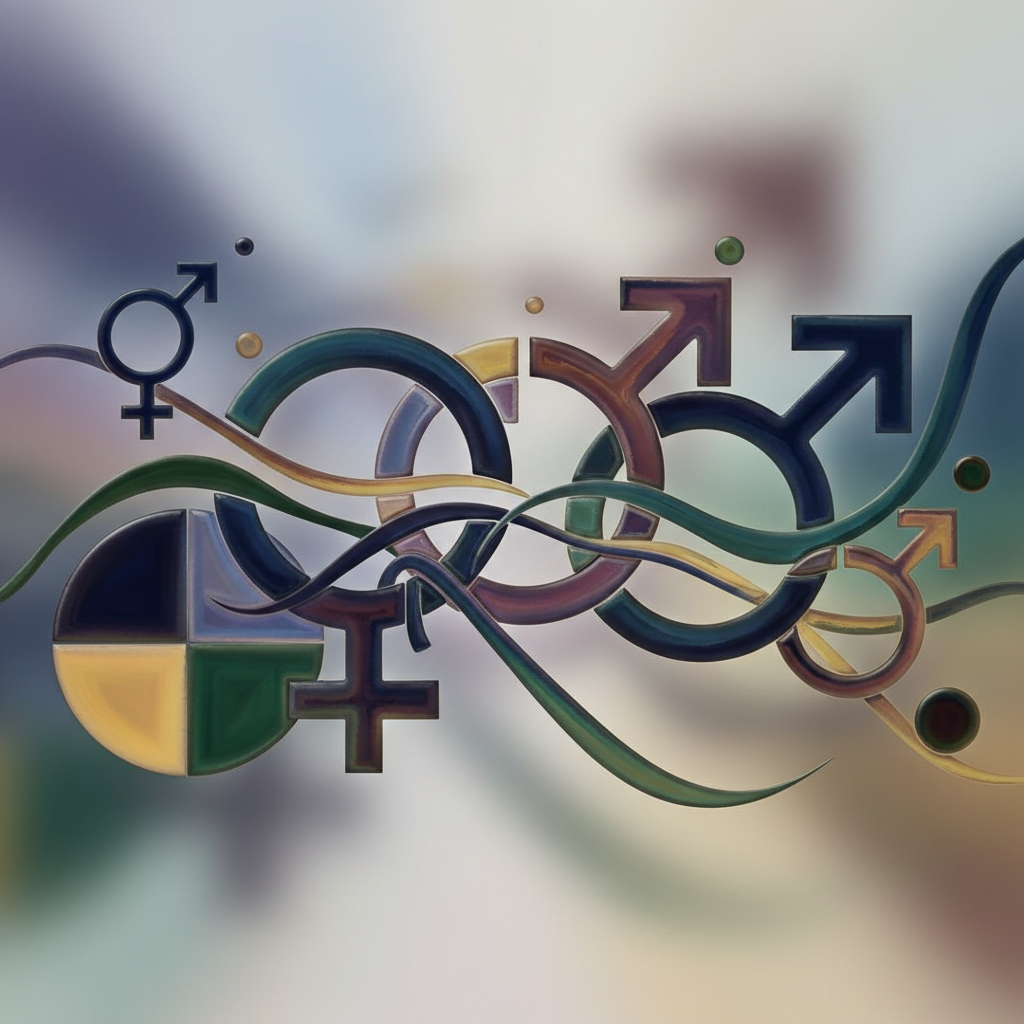 Abstract representation of gender symbols evolving and merging, modern art style, balanced composition