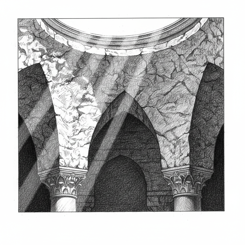 Architectural detail drawing or photo showing Byzantine pendentives, the curved triangular sections supporting a dome, stone texture, dramatic lighting, educational architectural sketch style