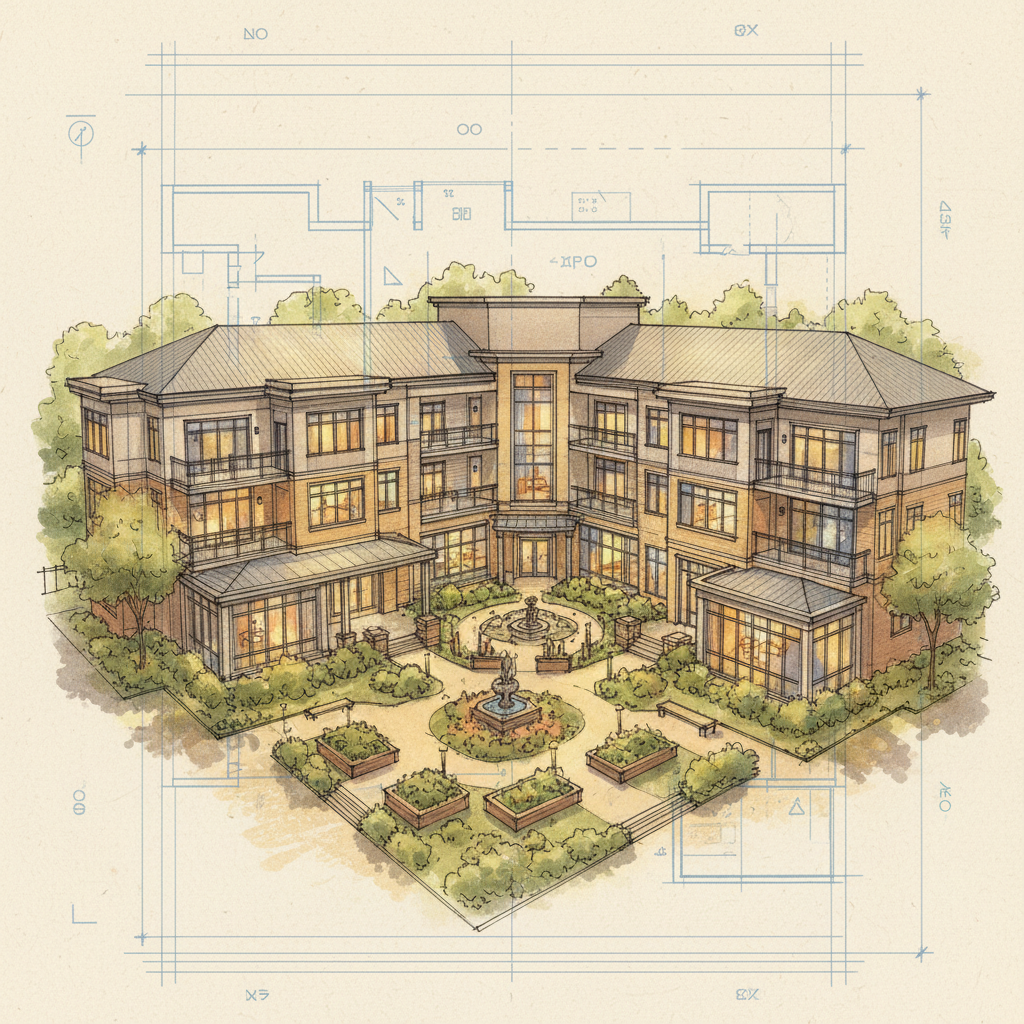 Architectural sketch of a comfortable senior living home, warm lighting, safe environment, blueprint style overlay