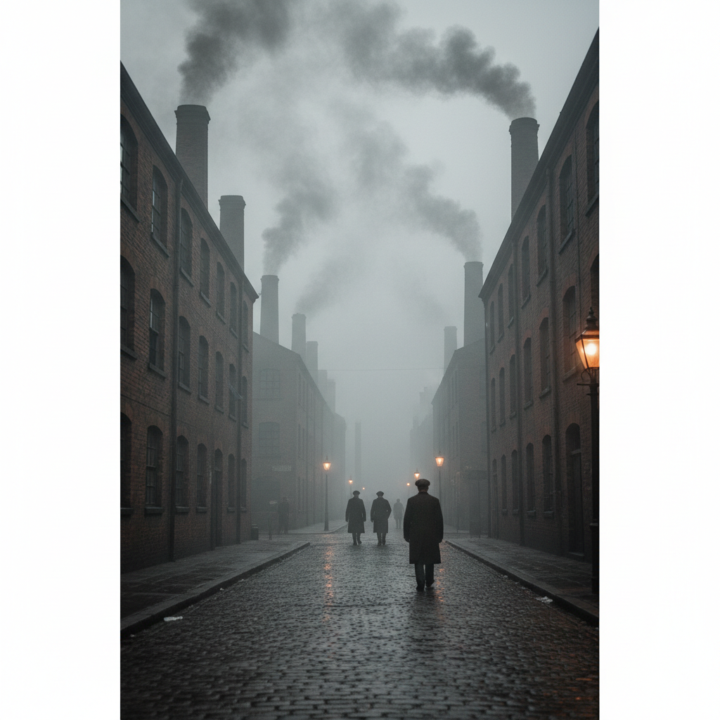 Foggy industrial street in 1920s England, cobblestones, factories, smoke, silhouette of men in flat caps