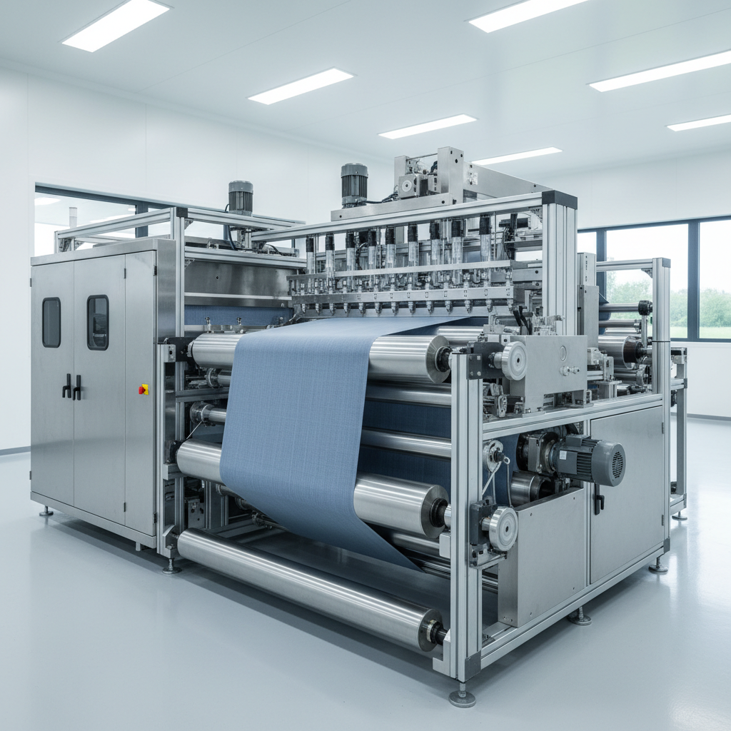 Industrial textile coating machine processing fabric, clean factory environment, focused on fabric rollers, metallic and modern style