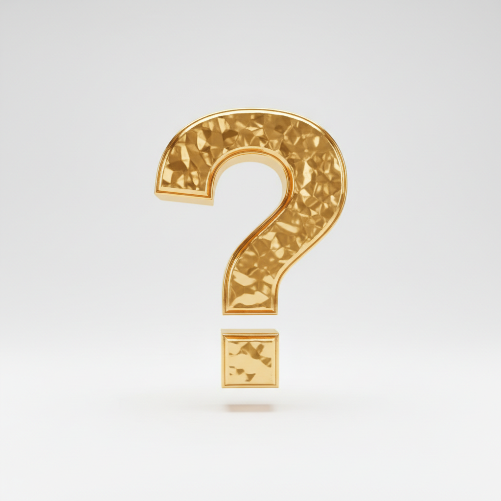 3D large question mark in gold texture floating in a clean white space, high quality render