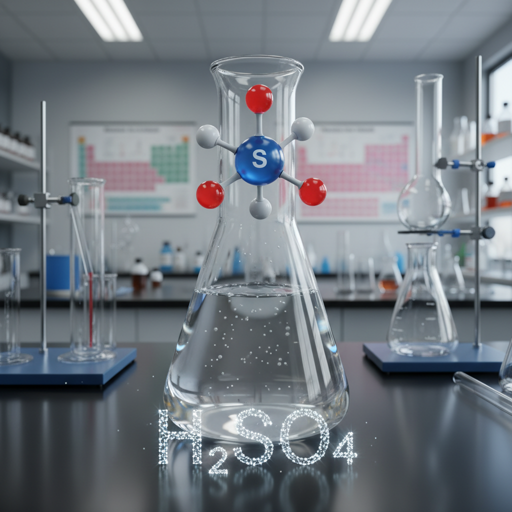 laboratory flask with sulfuric acid, chemical formula H2SO4 visible or implied, professional chemistry lab background, clean glass, scientific educational illustration