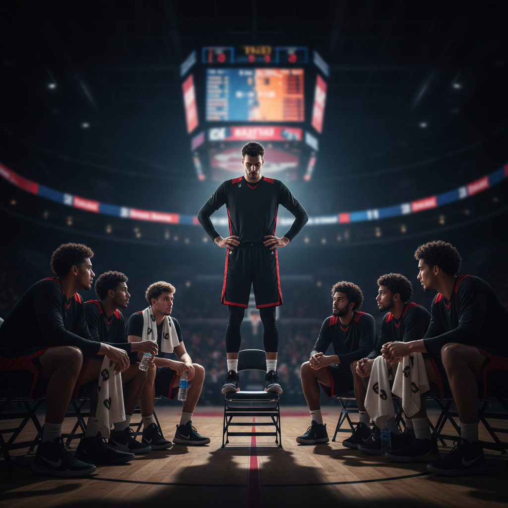 Basketball player standing above teammates during timeout, authoritative posture, dark arena