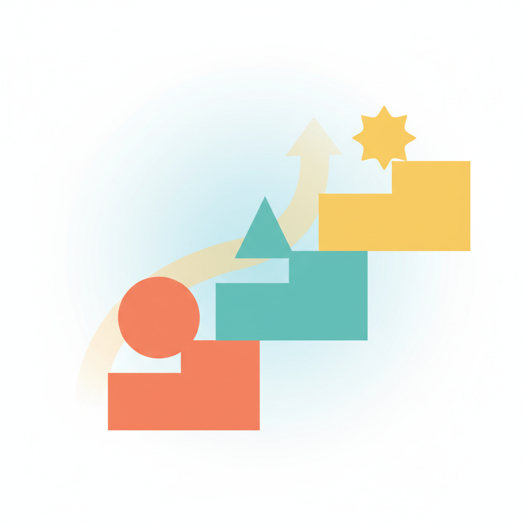 3 steps ascending staircase illustration, minimalistic, bright colors (coral, teal, yellow), symbolizing progress through stages
