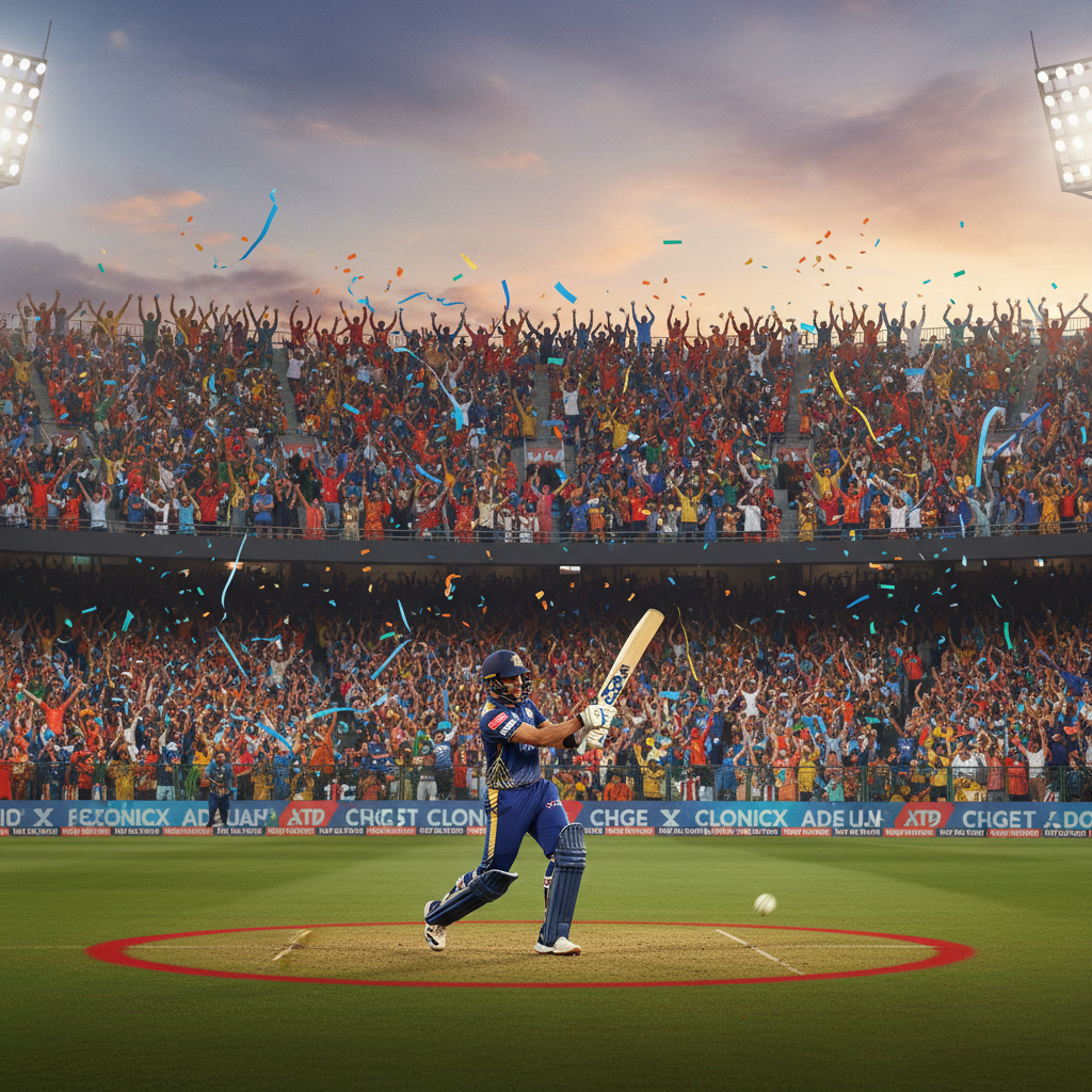 Cricket match in a massive stadium in India, crowd cheering wildly, professional player batting, dynamic angle, vibrant colors
