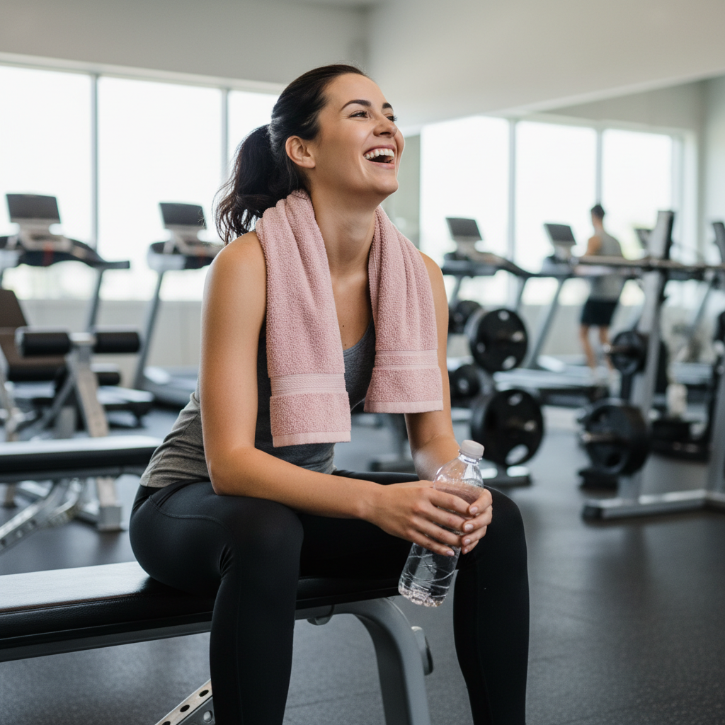 Happy woman laughing while sitting on a gym bench, holding a water bottle, pink towel around neck, relaxed gym atmosphere, candid shot, feeling good