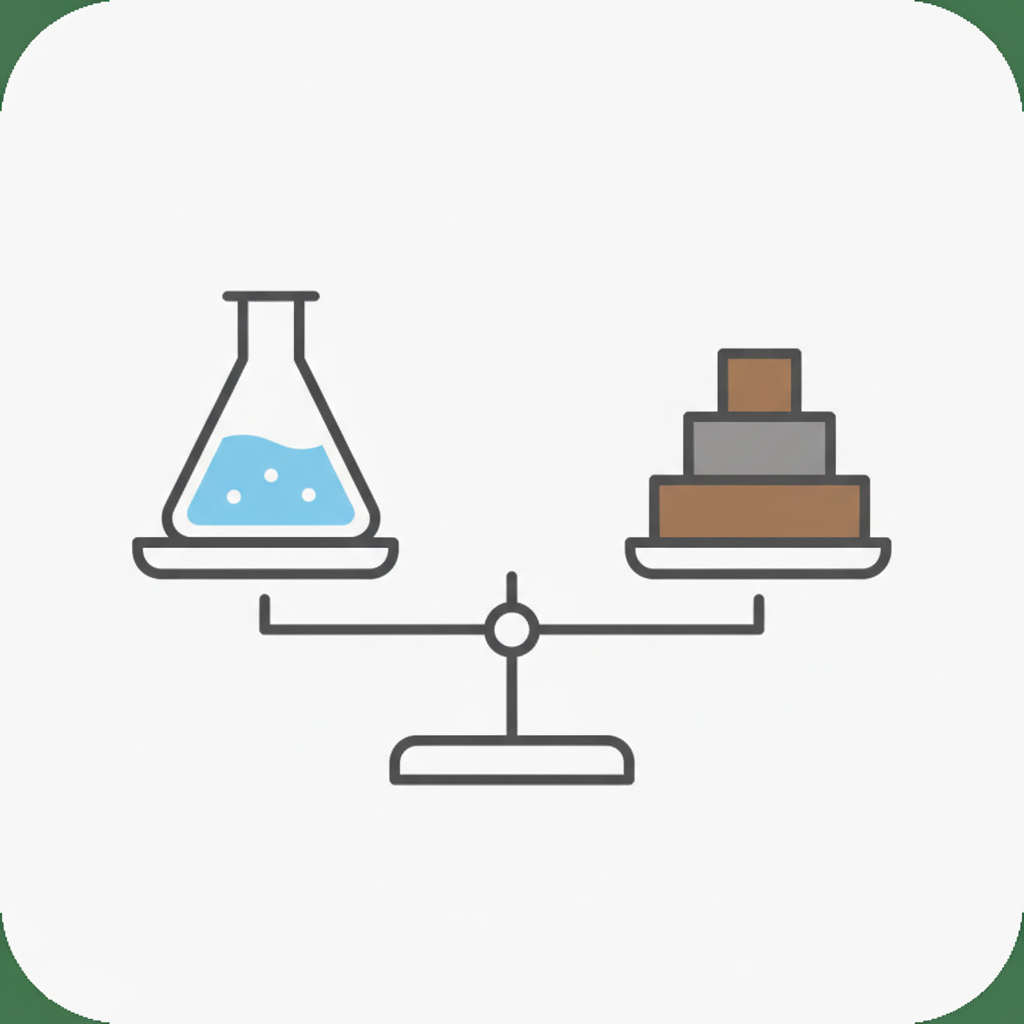 Icon showing a balance scale weighing liquid vs solid. Minimalist flat design.