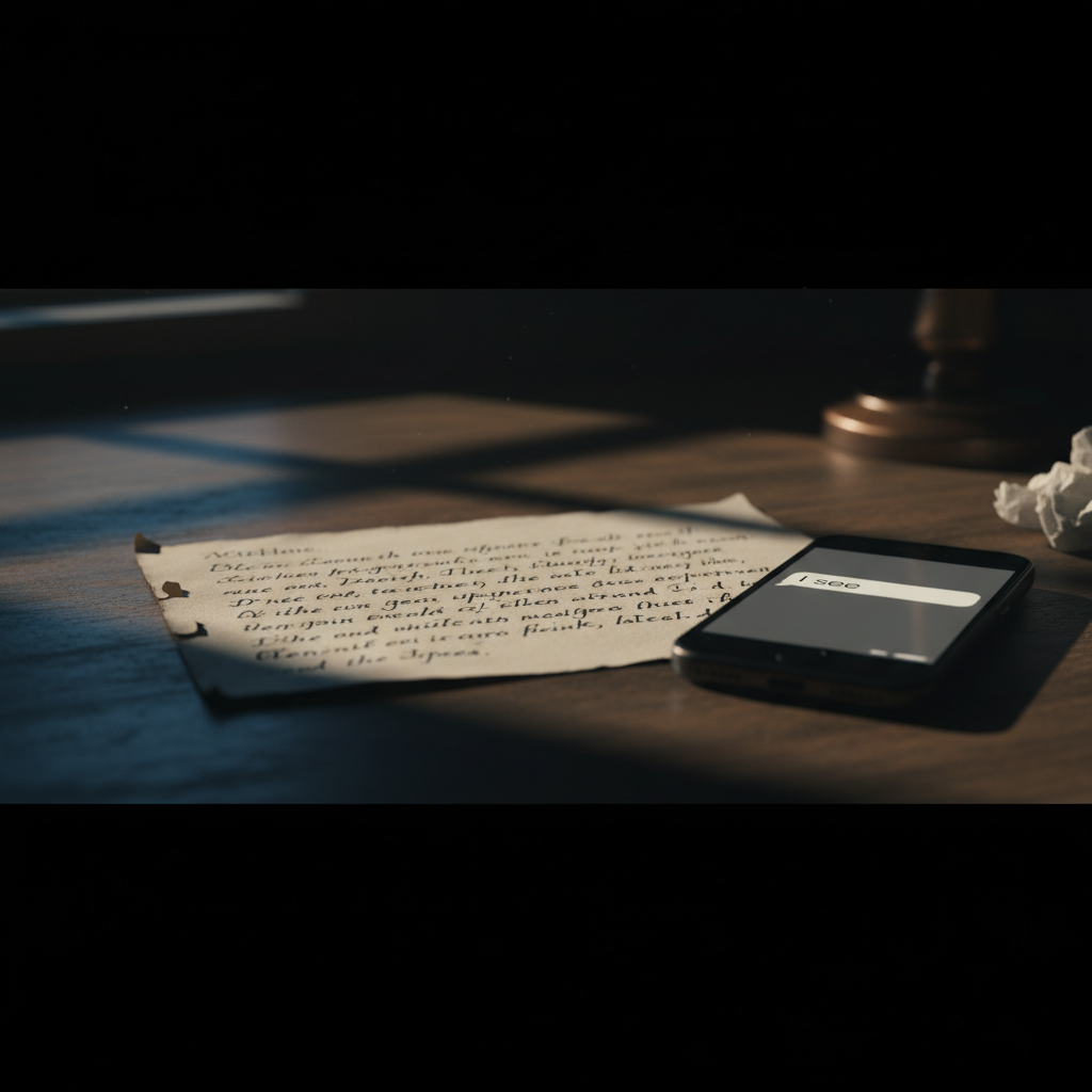 handwritten letter on a desk with a phone next to it showing a short text message 'I see', dramatic lighting, emotional