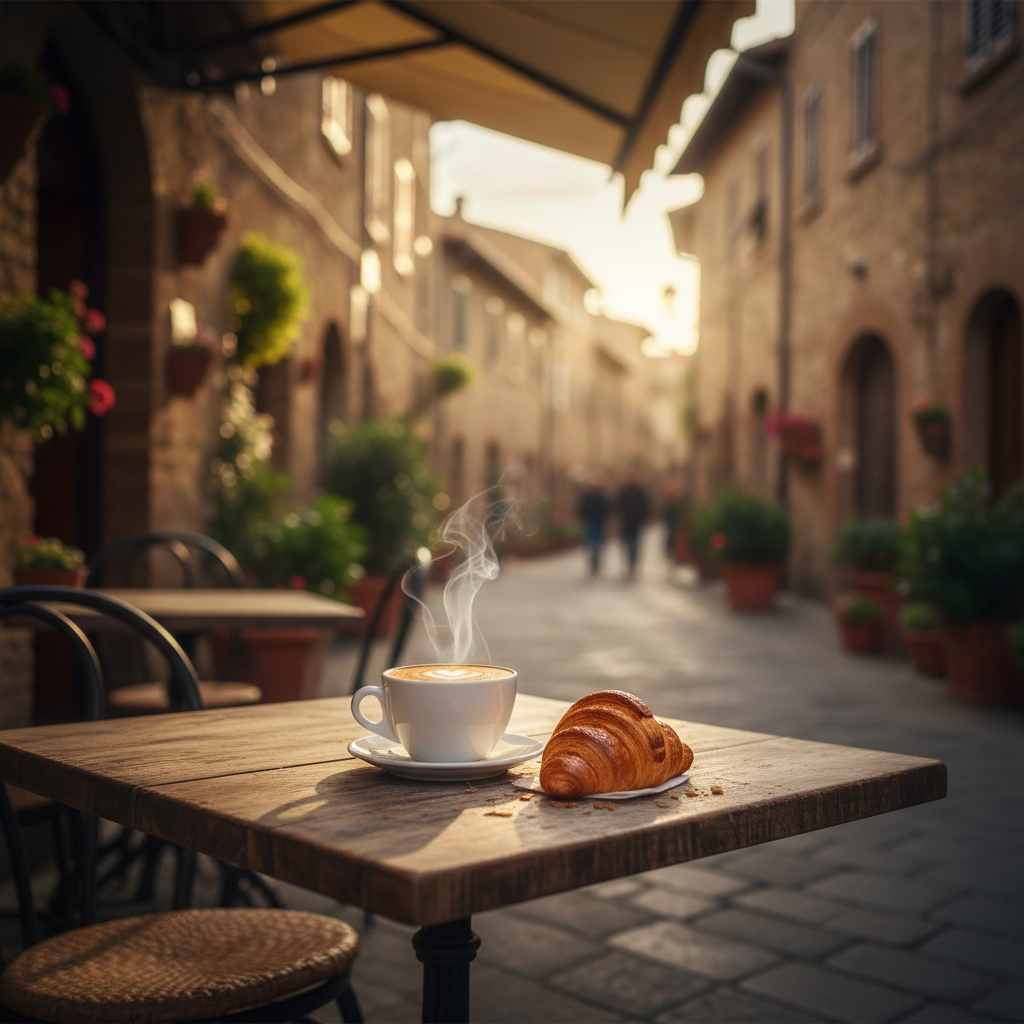 A cozy, sunlit outdoor table at an Italian cafe with a cappuccino and a croissant on a rustic wooden table, blurred cobblestone street background, warm aesthetic