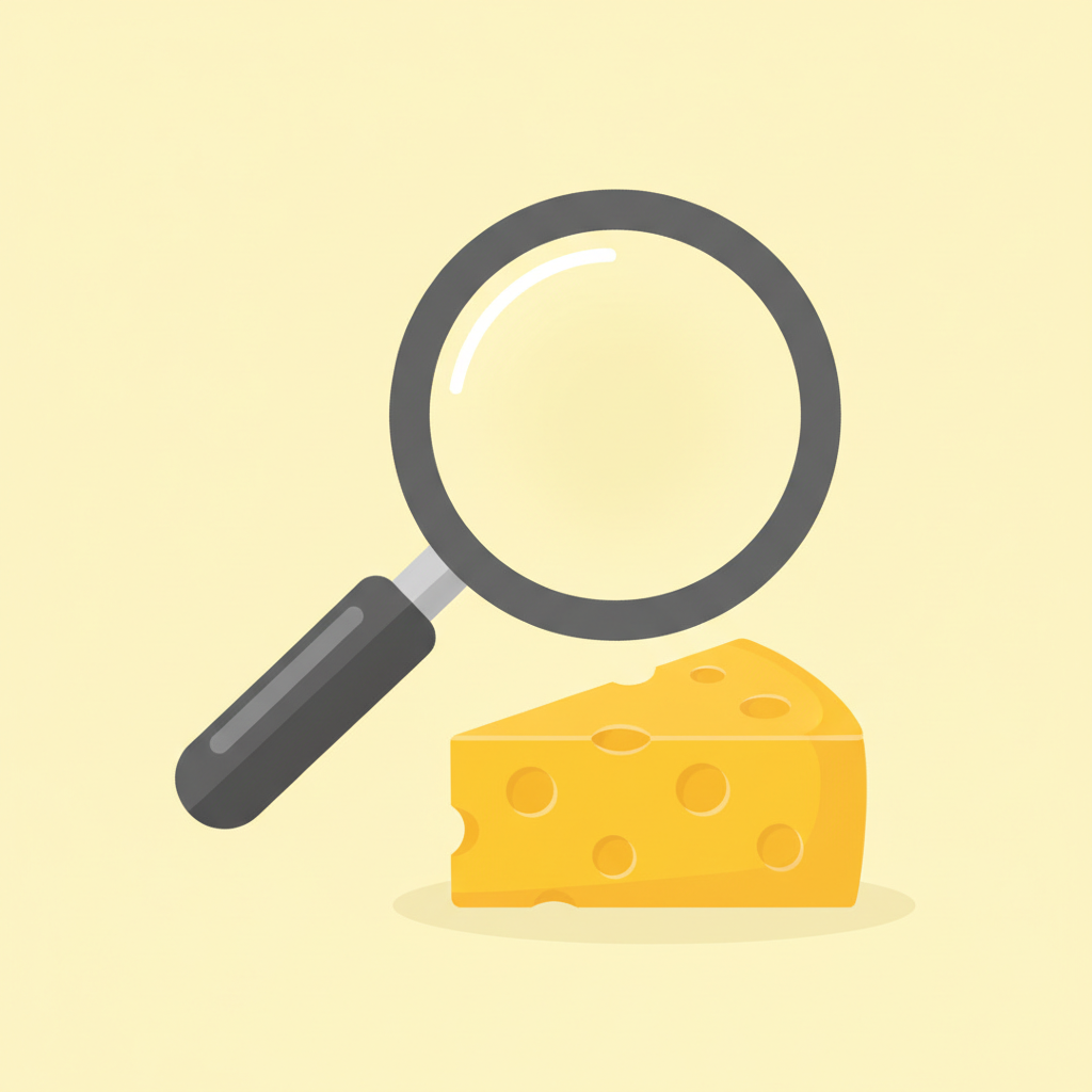 Semi-flat minimalist illustration of a magnifying glass examining a piece of yellow cheese. Clean style.