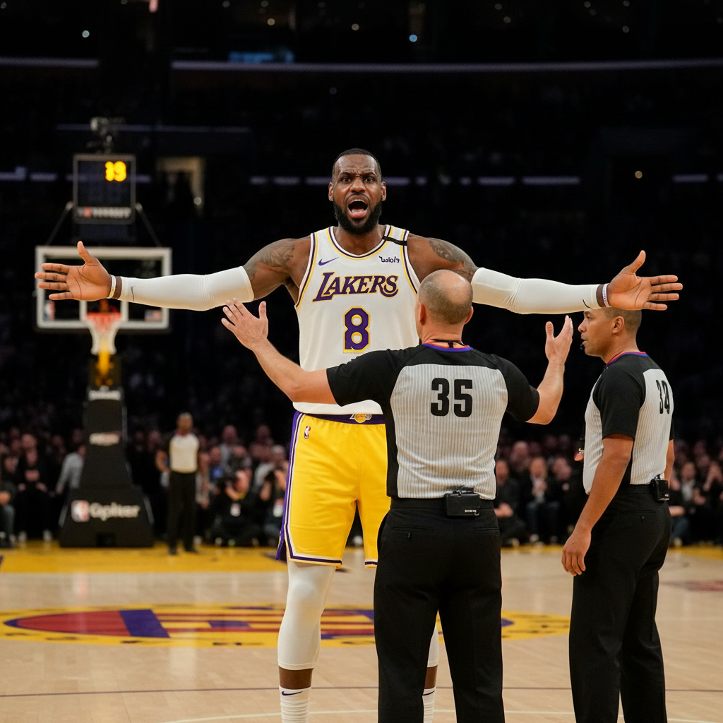 LeBron James with arms wide open complaining to a referee, facial expression of disbelief, multiple referees around, basketball court