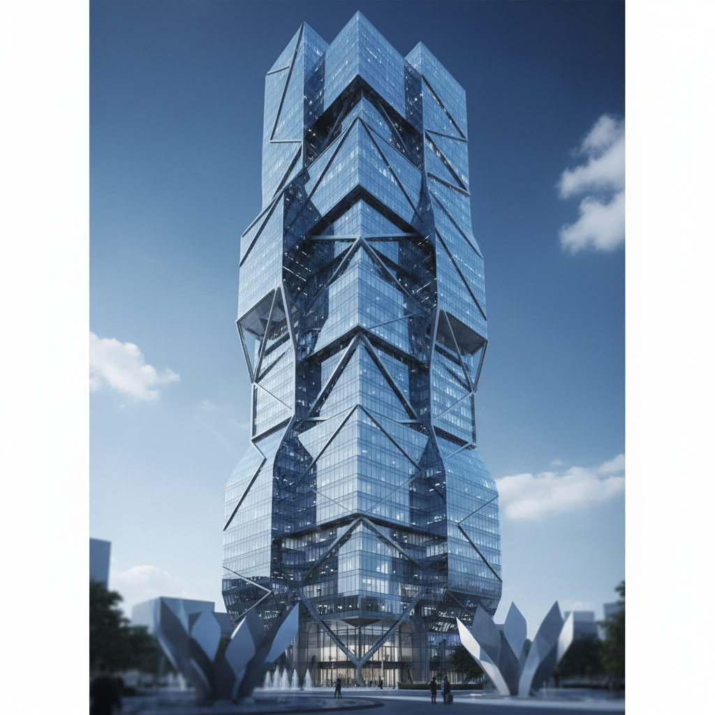 A modern corporate glass office building with a complex architectural structure seen from a low angle, symbolizing organizational complexity and scale, realistic, 8k, blue tones