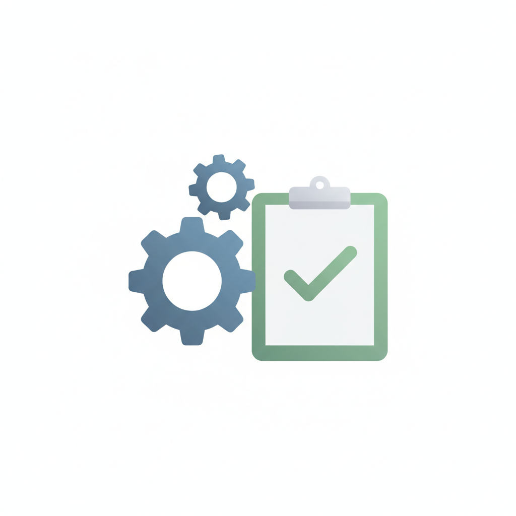 Minimalist icon illustration of gears turning and a clipboard, symbolizing process and management