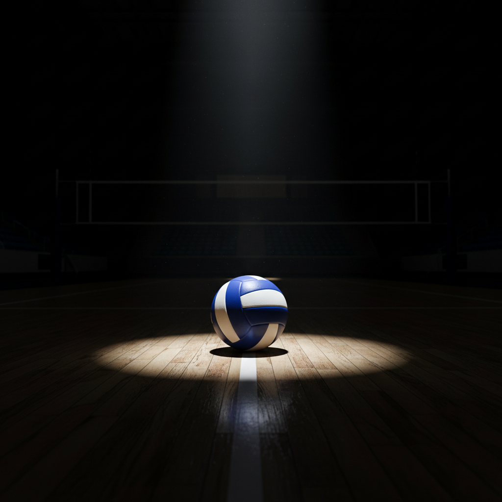 Cinematic shot of a volleyball resting on a wooden court floor, dramatic spotlighting, shallow depth of field, high contrast, professional sports photography style