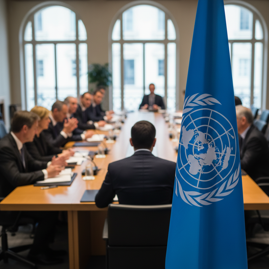 United Nations flag or international conference hall, blurred background, professional, diplomatic meeting concept, high quality