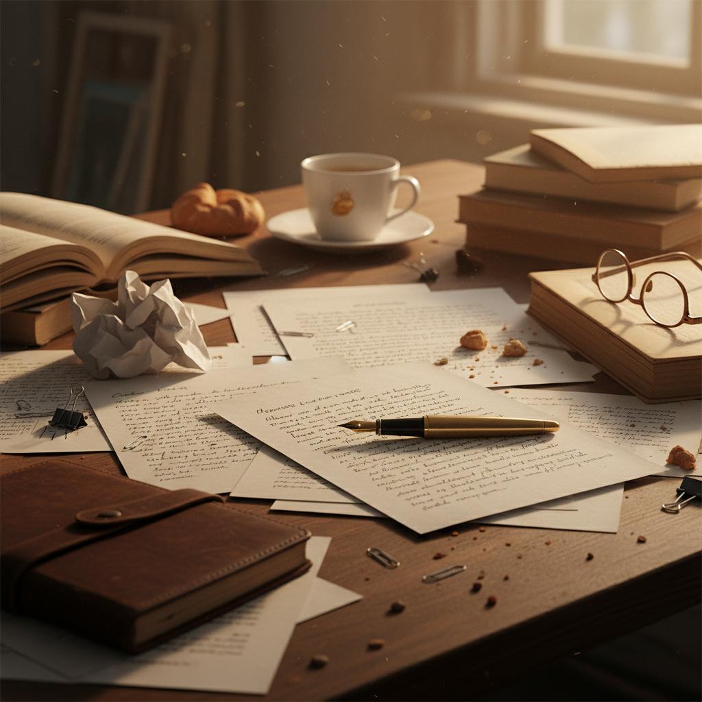 Close up of an author's manuscript pages and a pen on a messy desk, creative process concept, warm light