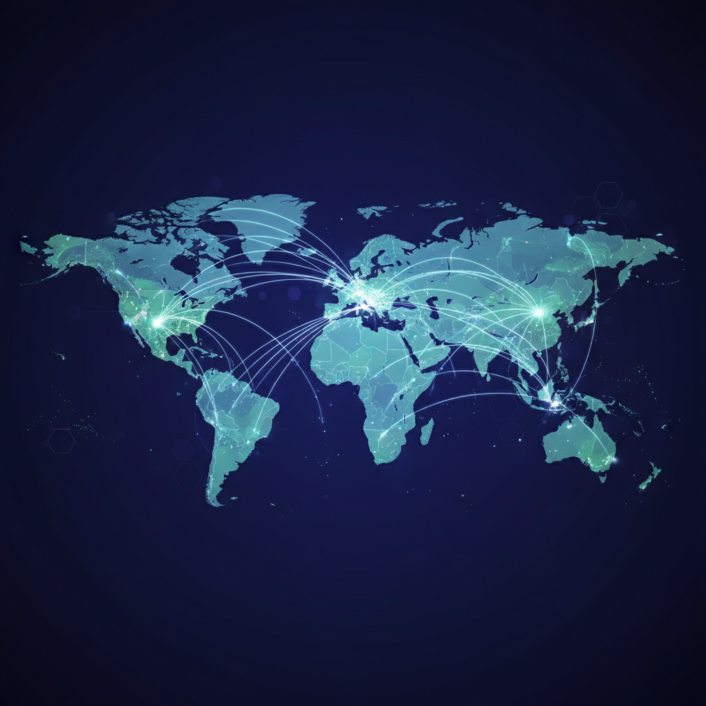 Map of the world showing flight paths connecting continents, digital visualization of globalization