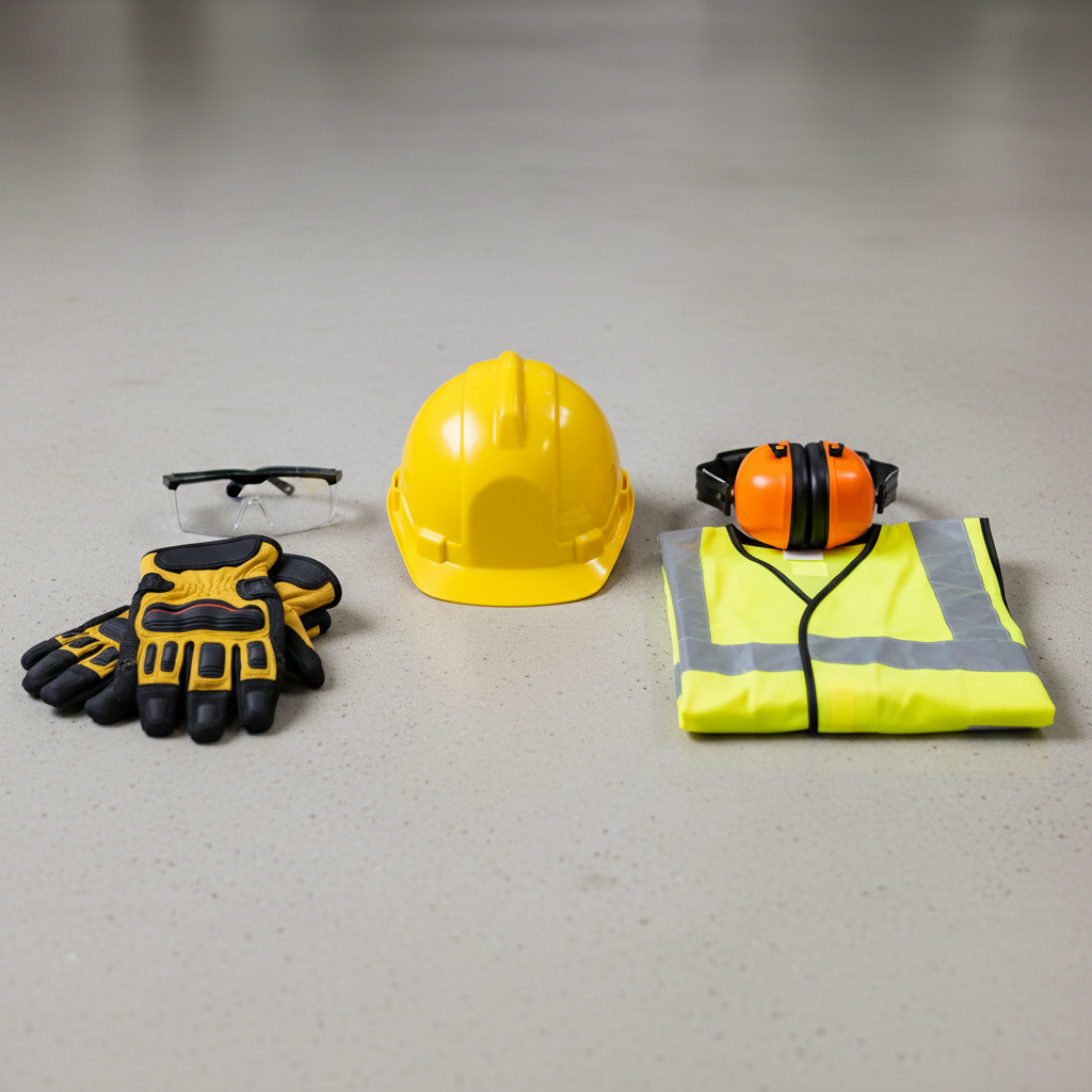 collection of safety equipment laid out neatly: yellow hard hat, safety glasses, heavy duty gloves, ear defenders, high vis vest