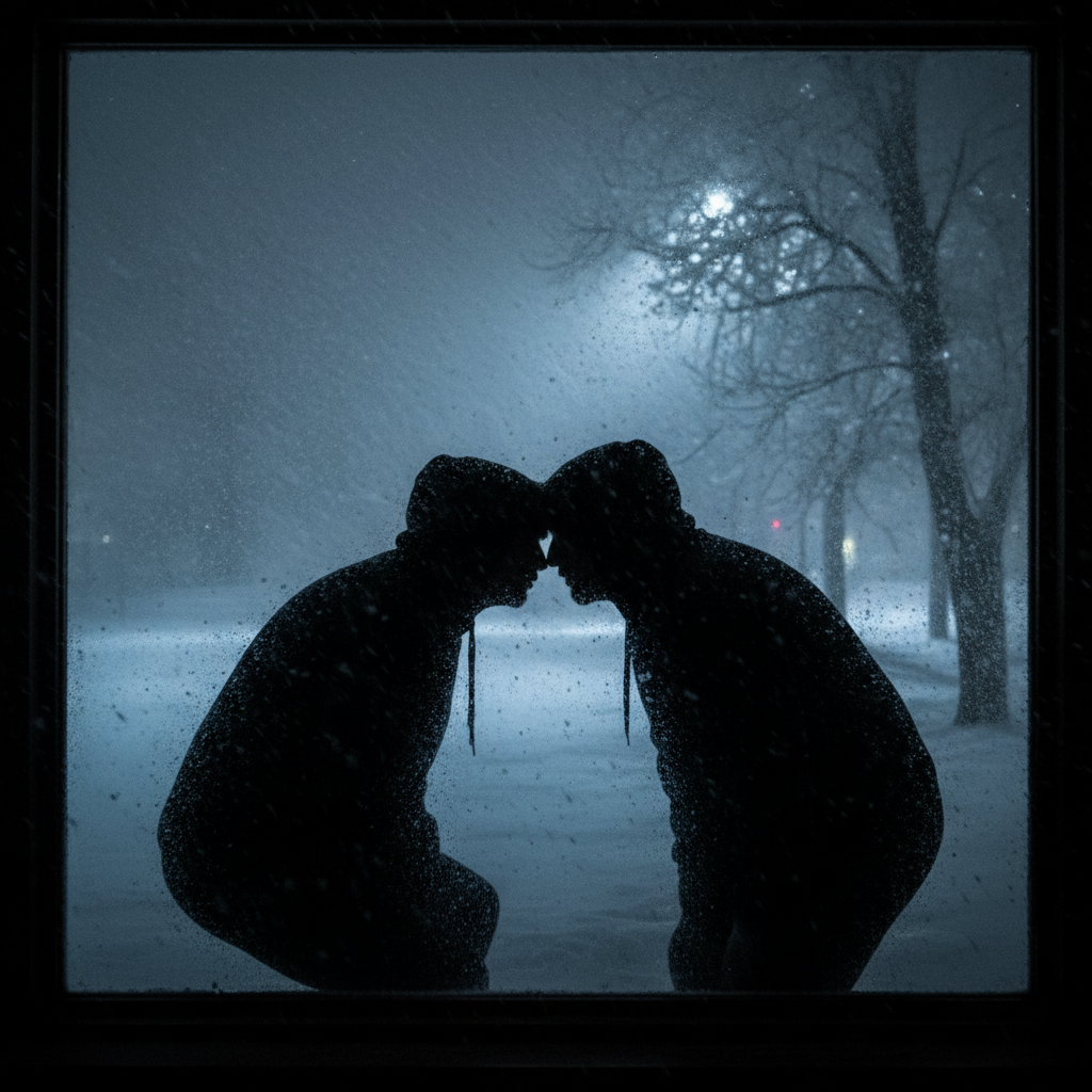 Dark silhouette of two burglars peeking through a window in heavy snow at night