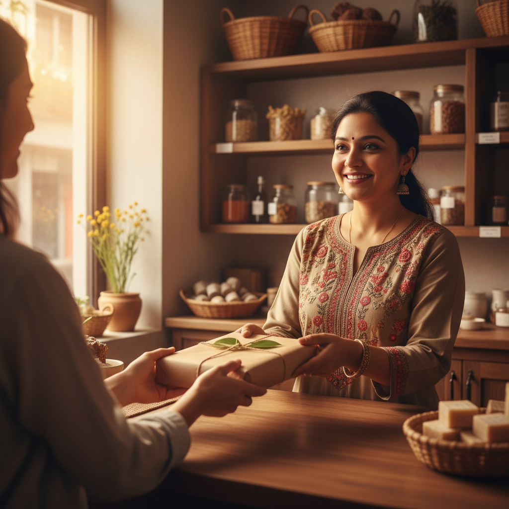 happy indian female shop owner handing a fresh package to a customer, warm lighting, trustworthy atmosphere, 4k