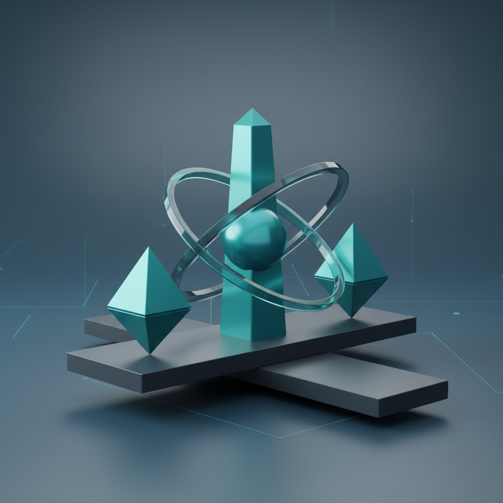 abstract 3d composition representing corporate balance and stability, geometric shapes, teal and dark slate gray palette, high quality 3d render, modern corporate art