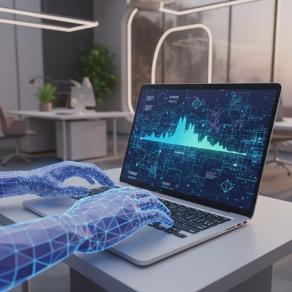 3D illustration of hands typing on a laptop, digital form on screen, progress bar, office setting