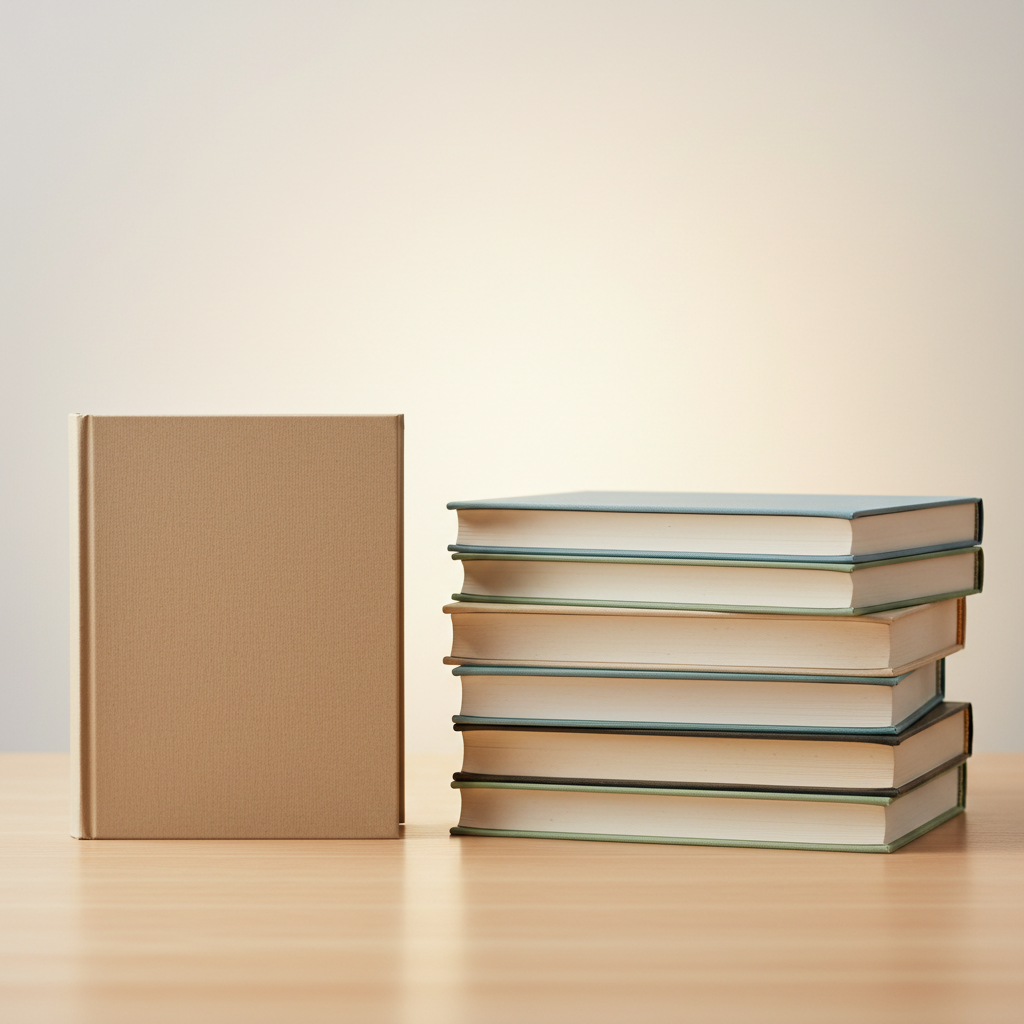 Visual of a single book next to a stack of books to represent pluralization, soft lighting, clean design