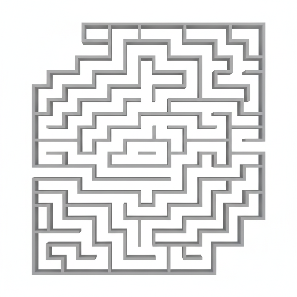 Semi-flat illustration of a complex maze viewed from above, neutral gray walls on a white background, symbolizing life's challenges.