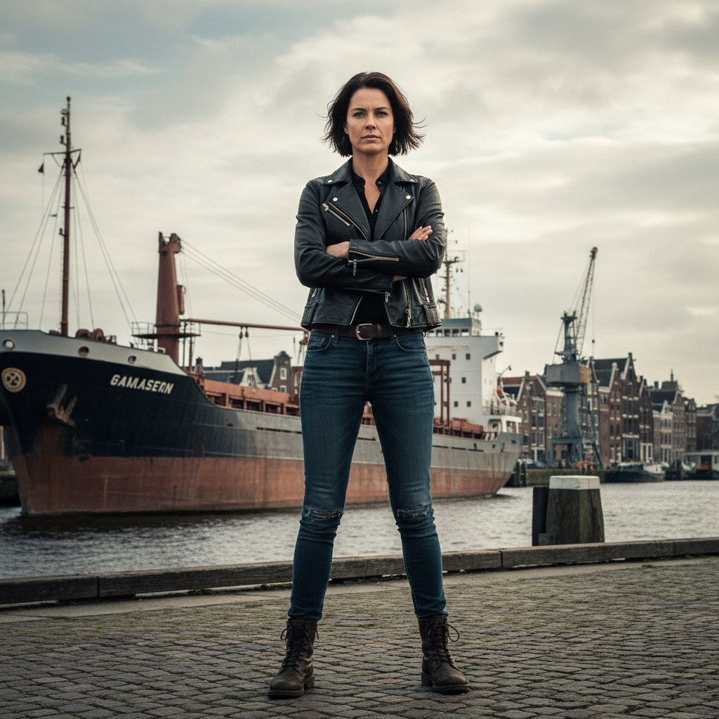 Carmen van Walraven from Penoza, tough woman in leather jacket, standing in amsterdam docks