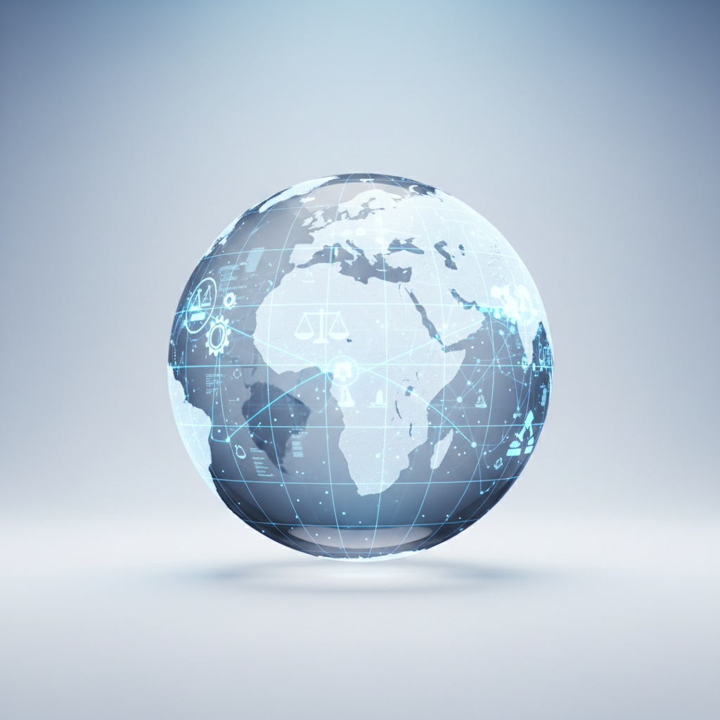 Global trade and regulations concept, globe with digital connection lines, clean corporate aesthetic, white and blue