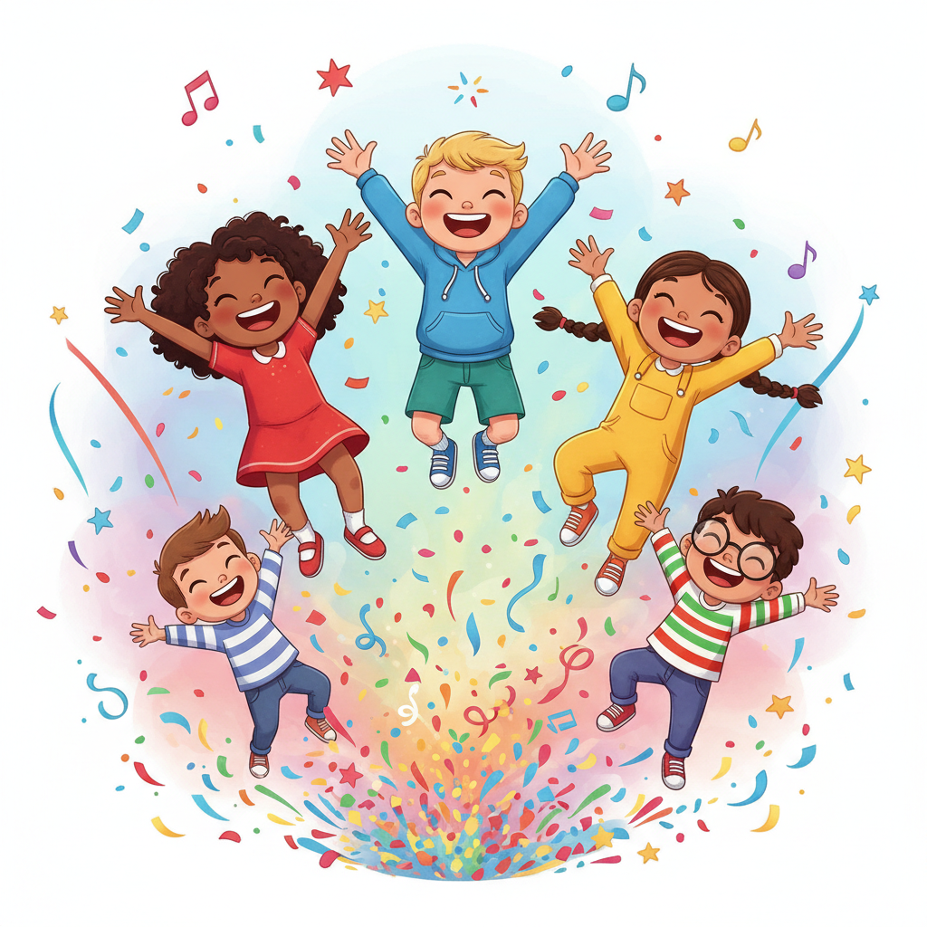 Group of cute diverse kids jumping for joy, confetti in air, celebration, cartoon style