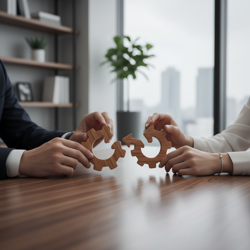 Two professional hands assembling puzzle pieces together on an office table, symbolizing strategic partnership and collaboration, high quality corporate photography style