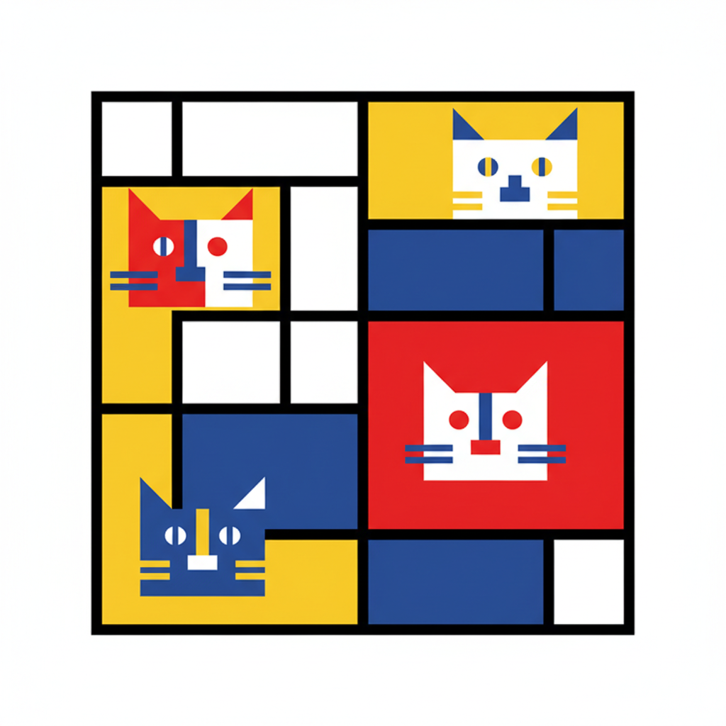 Mondrian style grid composition with stylized cat faces in the squares, primary colors red yellow blue, bold black lines, modern art