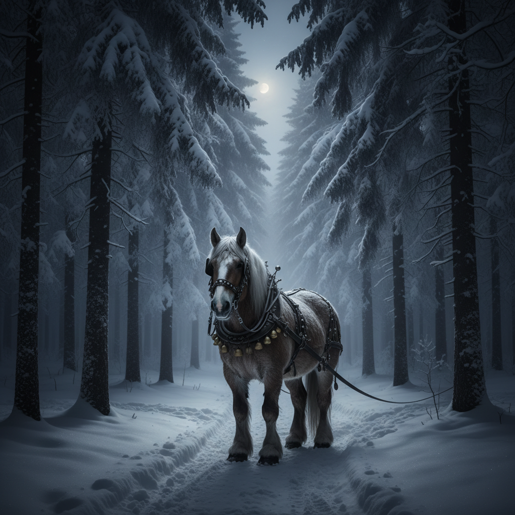 Cinematic view of a dark snowy forest, winter night, a horse with harness bells waiting, dark blue and white tones, realistic style