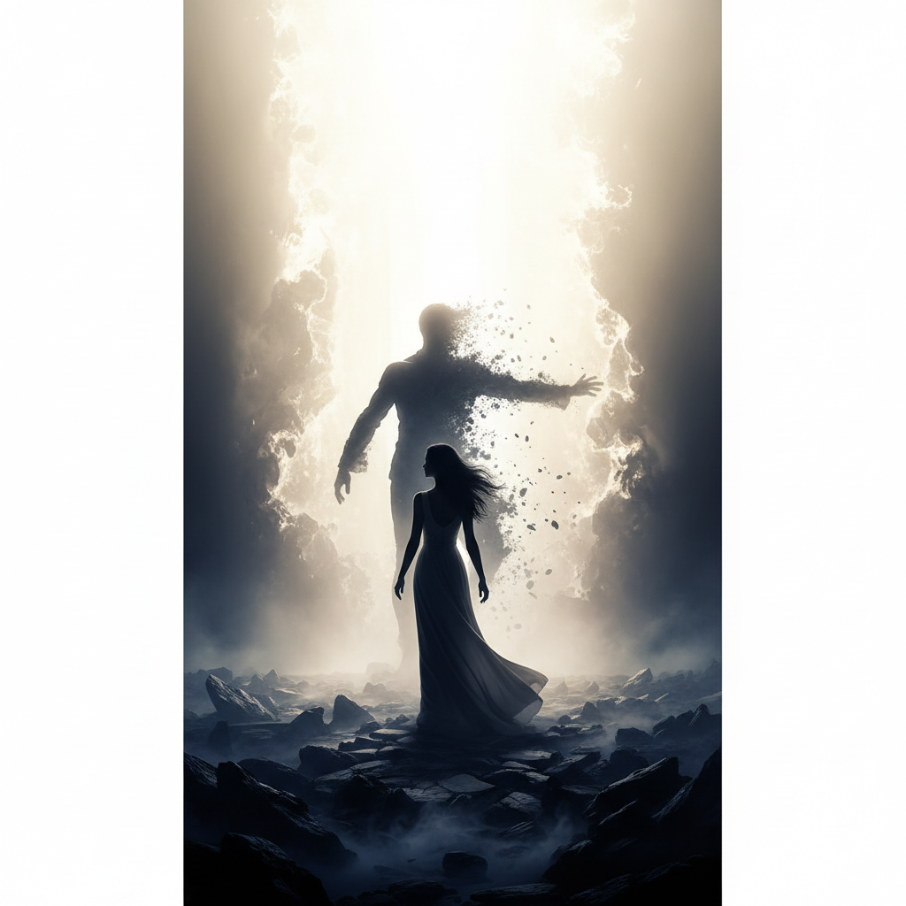 silhouette of a woman walking away into light, leaving behind a dark shadowy figure of a man, symbolic of moving on, cinematic