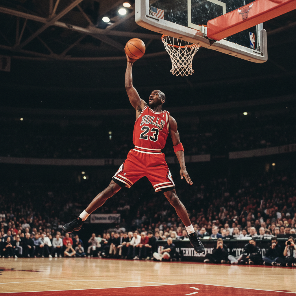 Michael Jordan soaring for a dunk, iconic slow-motion shot, vintage Bulls vibe