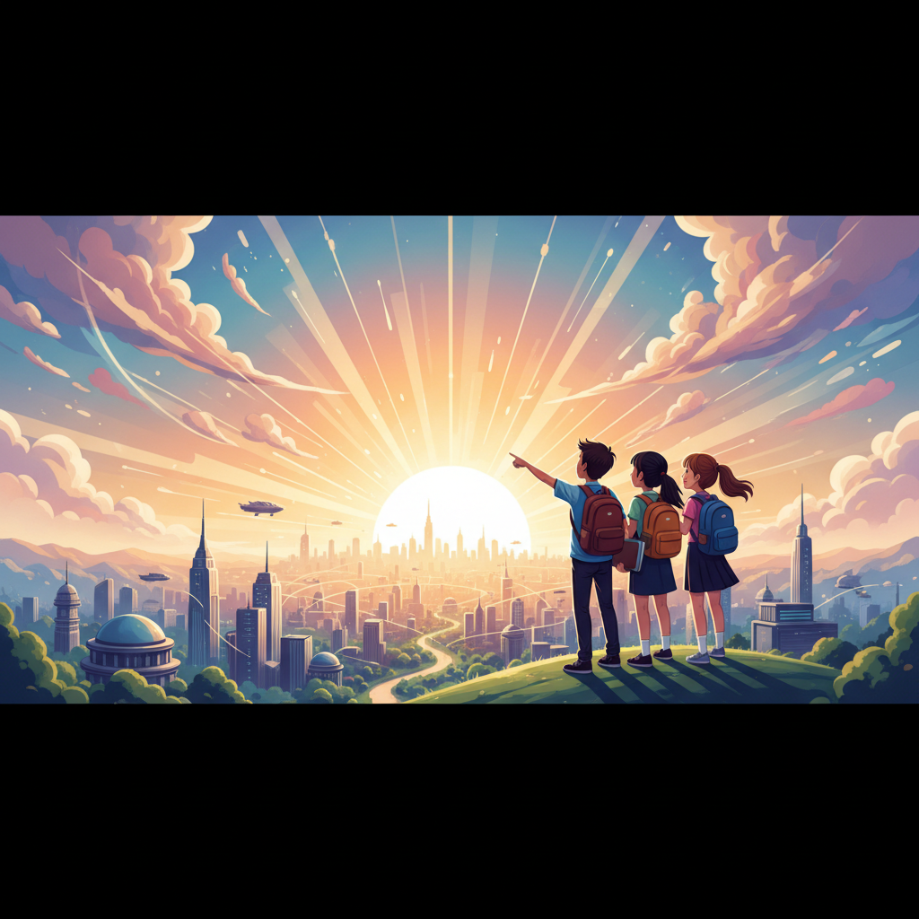 Students wearing backpacks looking at a bright sunrise, symbolizing hope and the future, illustration style