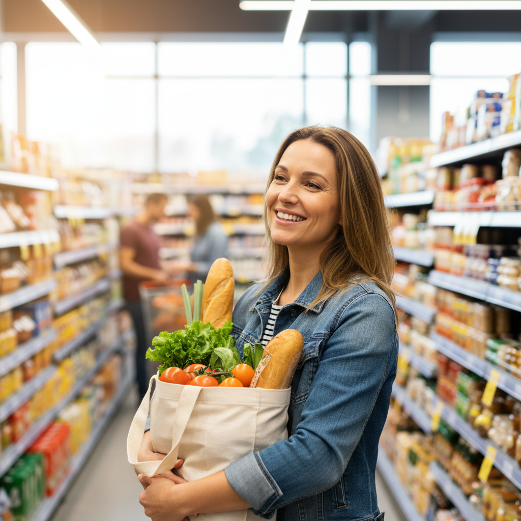 A happy shopper holding a grocery bag, looking satisfied, bright supermarket background, soft focus, high quality photography