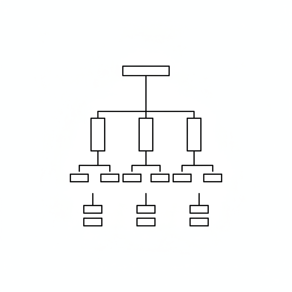 Minimalist corporate organizational chart flowchart diagram, black lines on white background