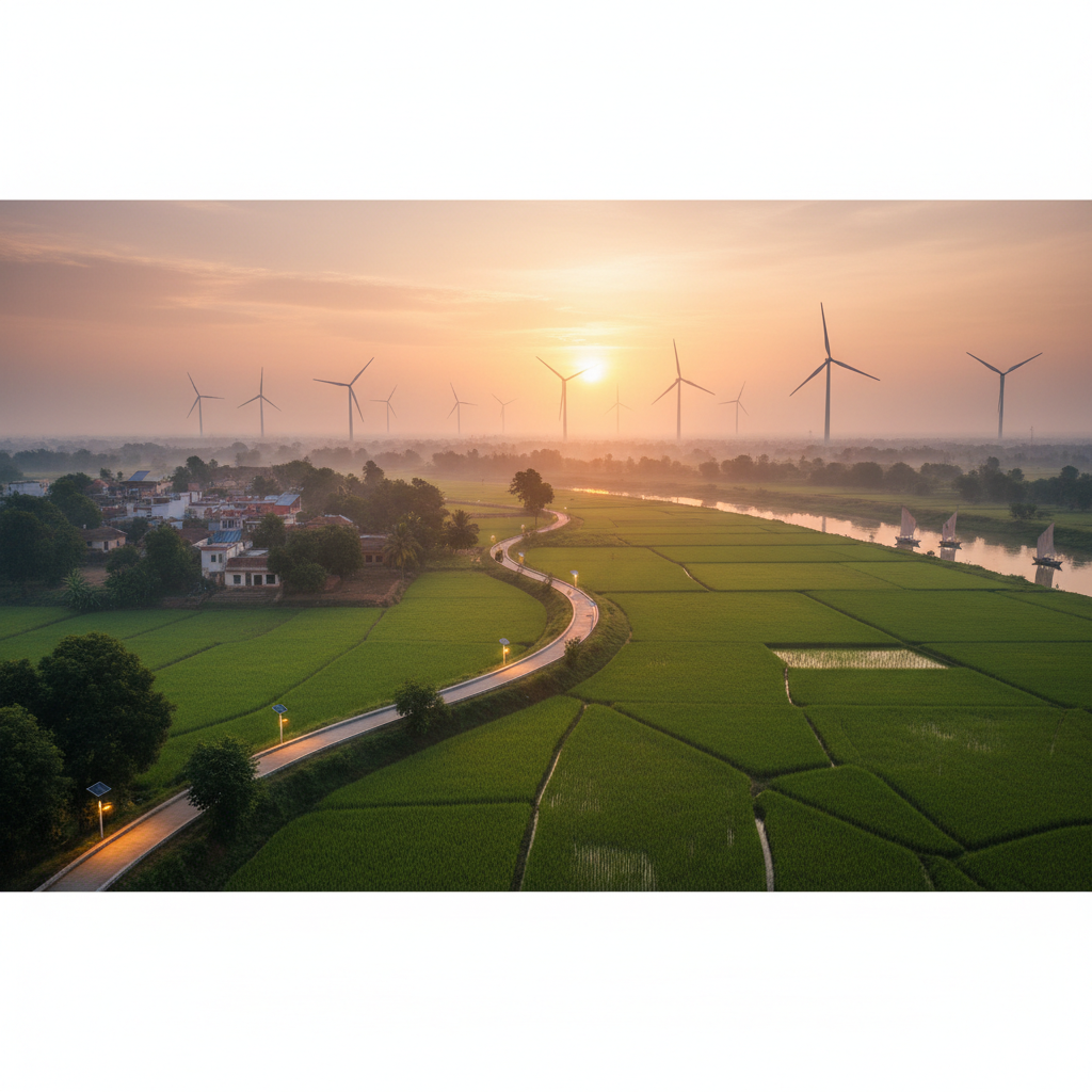 Serene landscape of India with harmony between nature and technology, wind turbines in distance, green fields, soft sunrise light