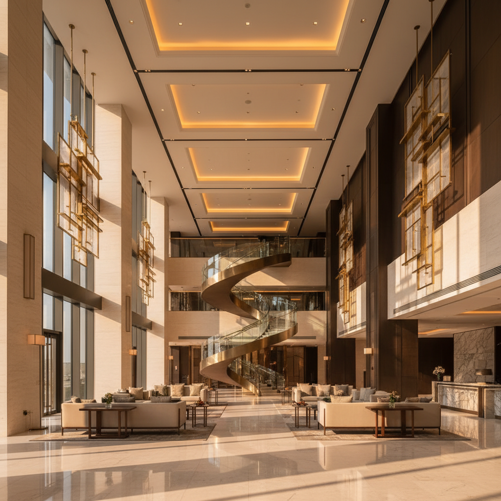 Abstract architectural photography of a luxury hotel lobby, golden hour lighting, clean lines, high ceiling, evoking success and high standards