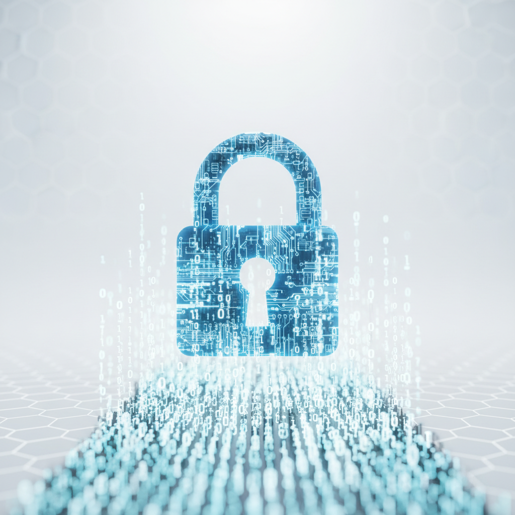 digital lock concept, glowing blue padlock protecting binary code, secure technology, clean minimalist 3d render