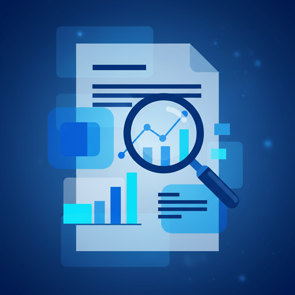 Abstract representation of a financial document being reviewed with a magnifying glass, corporate blue tones, clean style
