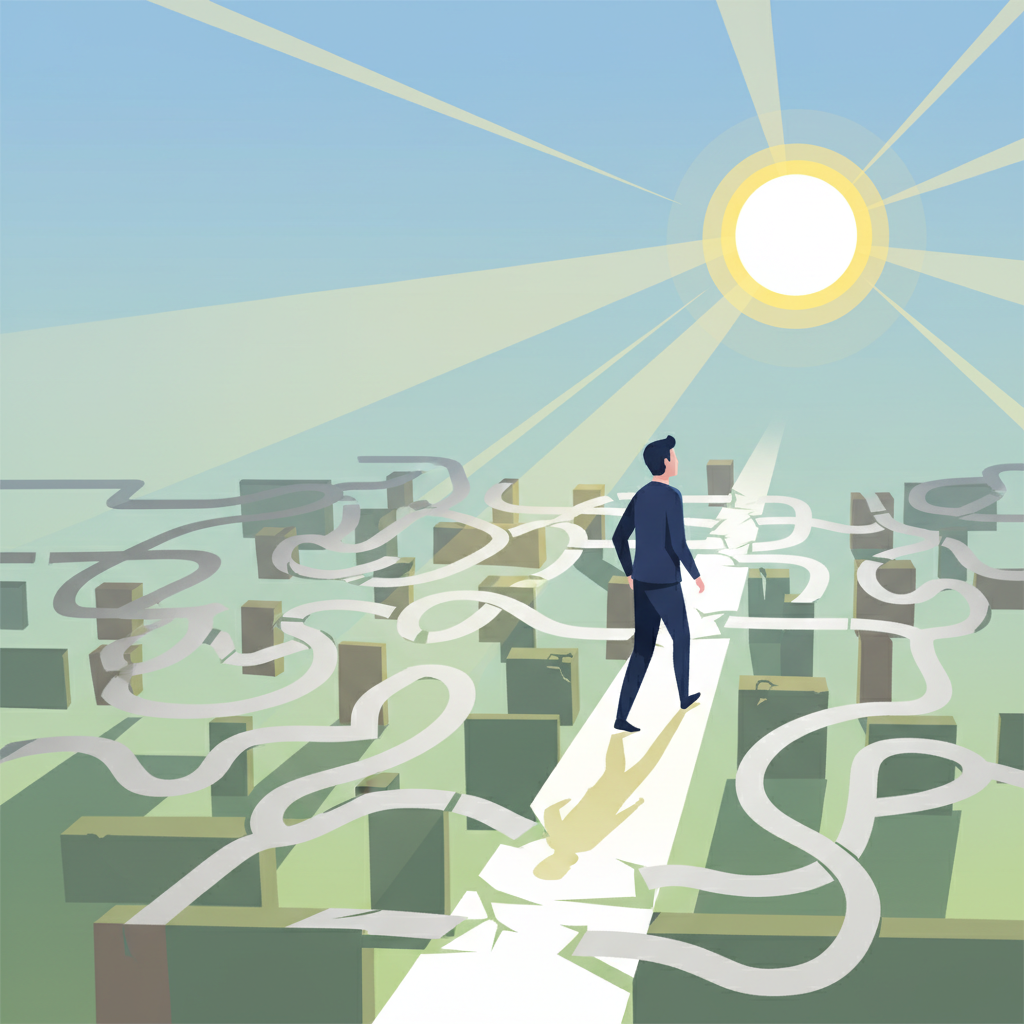 A person walking confidently through a maze towards a bright yellow light, leaving old paths behind. Semi-flat style.